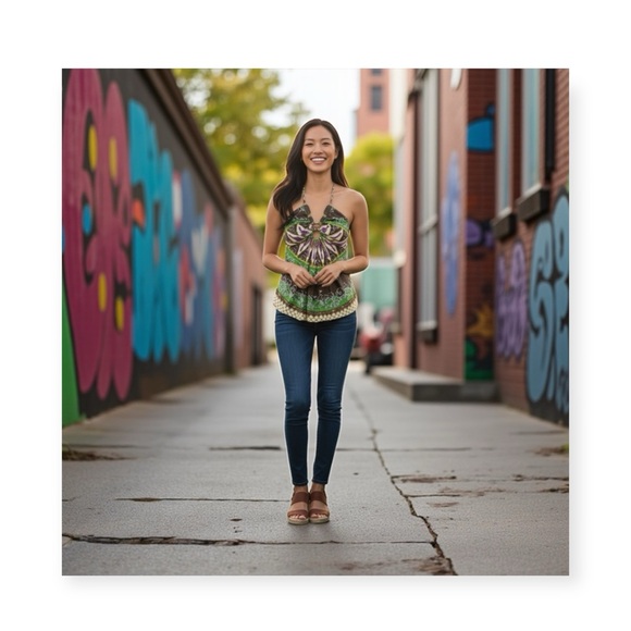 Sky Tops - aso TV’s 90210 ✦ Sky ✦ Jeweled Neck Bold Print Silk Halter Top ✦ Braided Straps